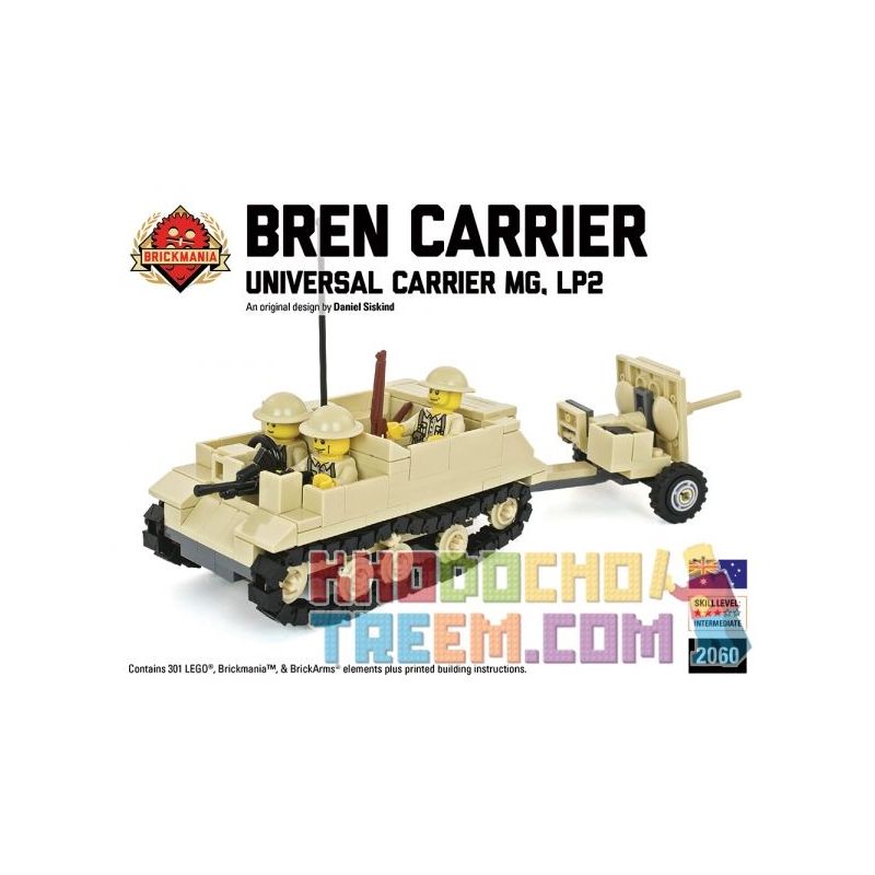 BRICKMANIA 2060 non  XE ĐA DỤNG LP2 VÀ SÚNG CHỐNG TĂNG POUNDER bộ đồ chơi xếp lắp ráp ghép mô hình Military Army BREN CARRIER LP2 WITH POUNDER ANTI-TANK GUN Quân Sự Bộ Đội 301 khối