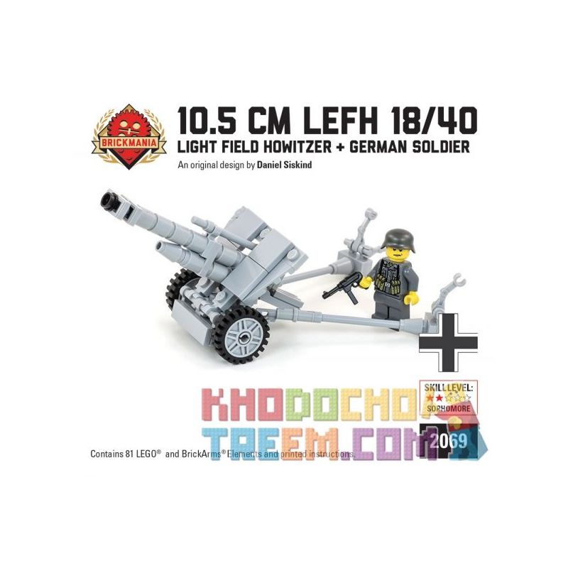 BRICKMANIA 2069 non  LỰU PHÁO TRƯỜNG ÁNH SÁNG 10 5CM LEFH 18 40 bộ đồ chơi xếp lắp ráp ghép mô hình Military Army 10.5CM LEFH 18/40 LIGHT FIELD HOWITZER Quân Sự Bộ Đội 81 khối