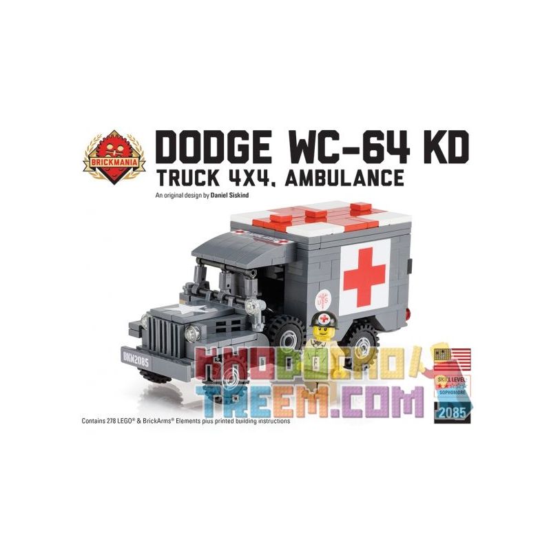 BRICKMANIA 2085 non  XE TẢI DODGE WC-64 KD CỨU THƯƠNG 4X4 bộ đồ chơi xếp lắp ráp ghép mô hình Military Army DODGE WC-64 KD TRUCK 4X4 AMBULANCE Quân Sự Bộ Đội 278 khối