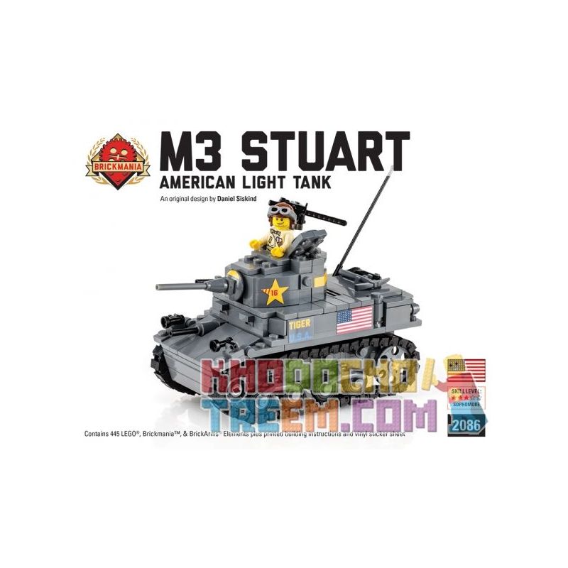 BRICKMANIA 2086 non  TĂNG HẠNG NHẸ M3 STUART bộ đồ chơi xếp lắp ráp ghép mô hình Military Army M3 STUART LIGHT TANK Quân Sự Bộ Đội 445 khối