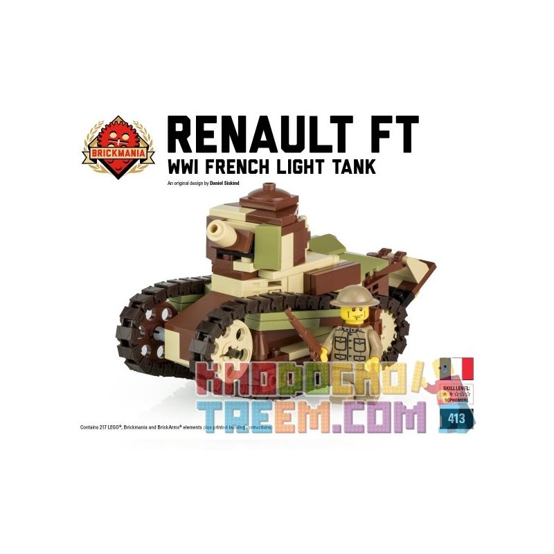 BRICKMANIA 413 non  XE TĂNG HẠNG NHẸ RENAULT FT-17-PHÁP bộ đồ chơi xếp lắp ráp ghép mô hình Military Army RENAULT FT - FRENCH LIGHT TANK Quân Sự Bộ Đội 217 khối