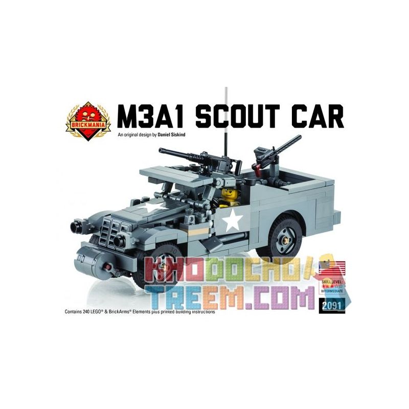 BRICKMANIA 2091 non  XE TRINH SÁT M3A1 bộ đồ chơi xếp lắp ráp ghép mô hình Military Army M3A1 SCOUT CAR Quân Sự Bộ Đội 240 khối