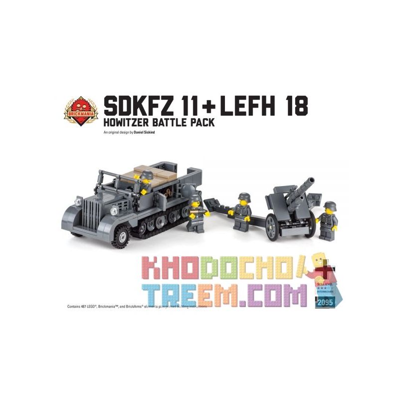 BRICKMANIA 2095 non  XE NỬA BÁNH XÍCH SDKFZ 11 + GÓI CHIẾN ĐẤU LEFH bộ đồ chơi xếp lắp ráp ghép mô hình Military Army SDKFZ 11 + LEFH BATTLE PACK Quân Sự Bộ Đội 487 khối