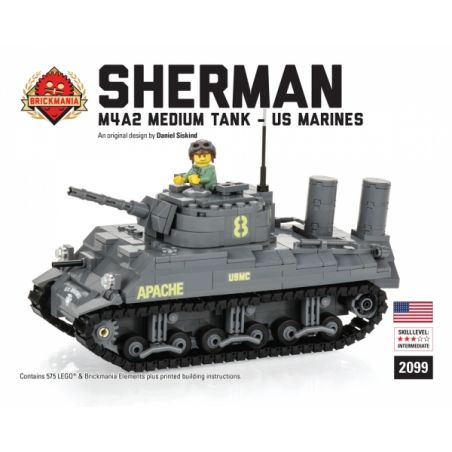 BRICKMANIA 2099 non  XE TĂNG M4A2 SHERMAN (USMC) bộ đồ chơi xếp lắp ráp ghép mô hình Military Army Quân Sự Bộ Đội 575 khối