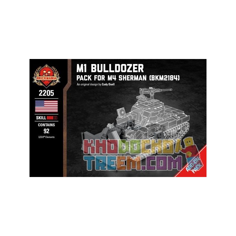 BRICKMANIA 2205 non  GÓI TĂNG CƯỜNG XE M1 DOZER-M4 SHERMAN bộ đồ chơi xếp lắp ráp ghép mô hình Military Army M1 BULLDOZER - PACK FOR M4 SHERMAN Quân Sự Bộ Đội 92 khối