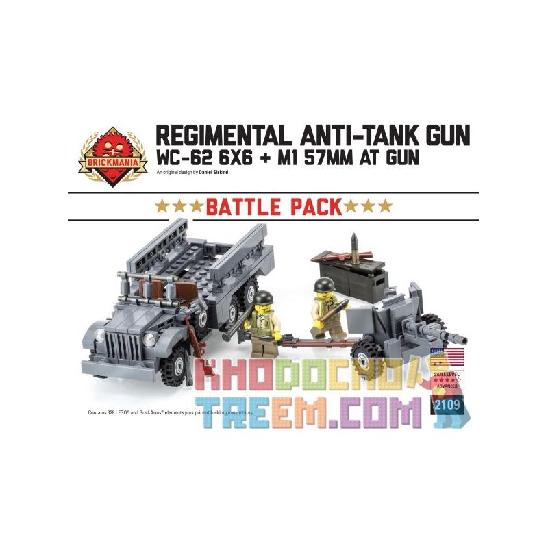 BRICKMANIA 2109 non  GÓI SÚNG CHỐNG TĂNG BỘ BINH bộ đồ chơi xếp lắp ráp ghép mô hình Military Army REGIMENTAL ANTI-TANK GUN BATTLE PACK Quân Sự Bộ Đội 328 khối