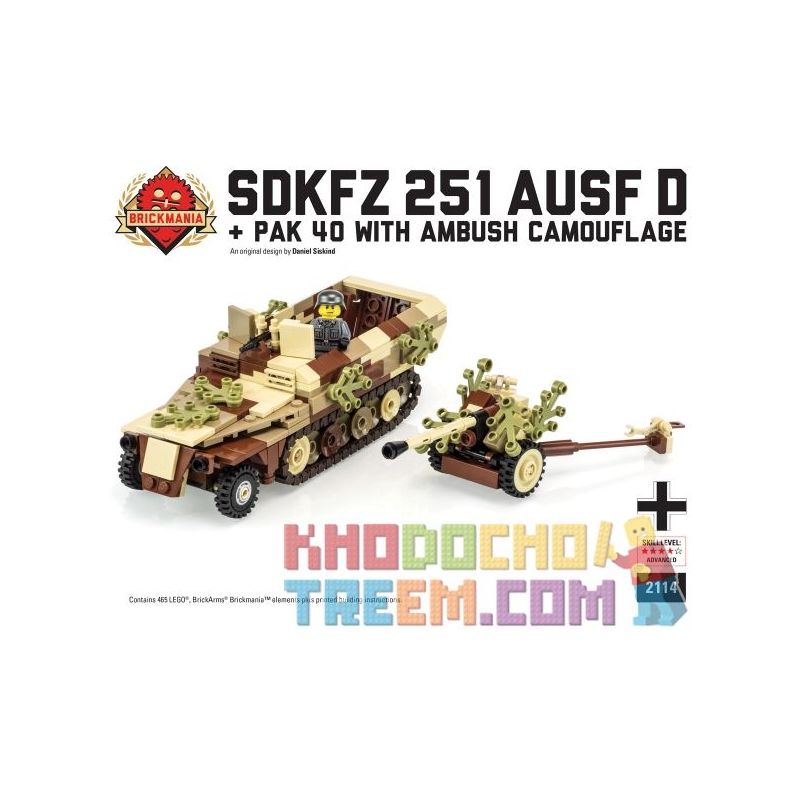 BRICKMANIA 2114 non  NGỤY TRANG PHỤC KÍCH SÚNG CHỐNG TĂNG SDKFZ 251 LOẠI VÀ PAK 40 bộ đồ chơi xếp lắp ráp ghép mô hình Military Army SDKFZ 251 AUSF & PAK 40 WITH AMBUSH CAMOUFLAGE Quân Sự Bộ Đội 365 khối