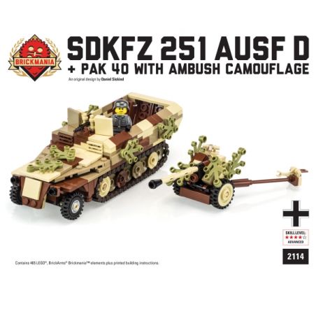 BRICKMANIA 2114 non  NGỤY TRANG PHỤC KÍCH SÚNG CHỐNG TĂNG SDKFZ 251 LOẠI VÀ PAK 40 bộ đồ chơi xếp lắp ráp ghép mô hình Military Army SDKFZ 251 AUSF & PAK 40 WITH AMBUSH CAMOUFLAGE Quân Sự Bộ Đội 365 khối