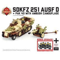 BRICKMANIA 2115 non  XE NỬA BÁNH XÍCH SDKFZ 251 LOẠI VÀ SÚNG CHỐNG TĂNG PAK 41 NGỤY TRANG + BỘ ĐỘI bộ đồ chơi xếp lắp ráp ghép mô hình Military Army SDKFZ 251 AUSF & PAK 40 WITH AMBUSH CAMOUFLAGE + SQUAD PACK Quân Sự Bộ Đội 396 khối