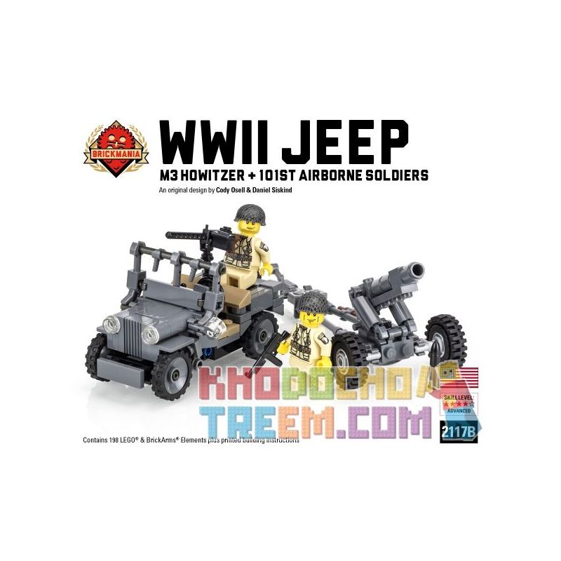 BRICKMANIA 2117B non  XE JEEP THẾ CHIẾN II (PHIÊN BẢN 2016) + GÓI ĐẤU TRÊN KHÔNG CỦA HOA KỲ bộ đồ chơi xếp lắp ráp ghép mô hình Military Army WW2 JEEP (2016 EDITION) + US AIRBORNE BATTLE PACK Quân Sự Bộ Đội 296 khối