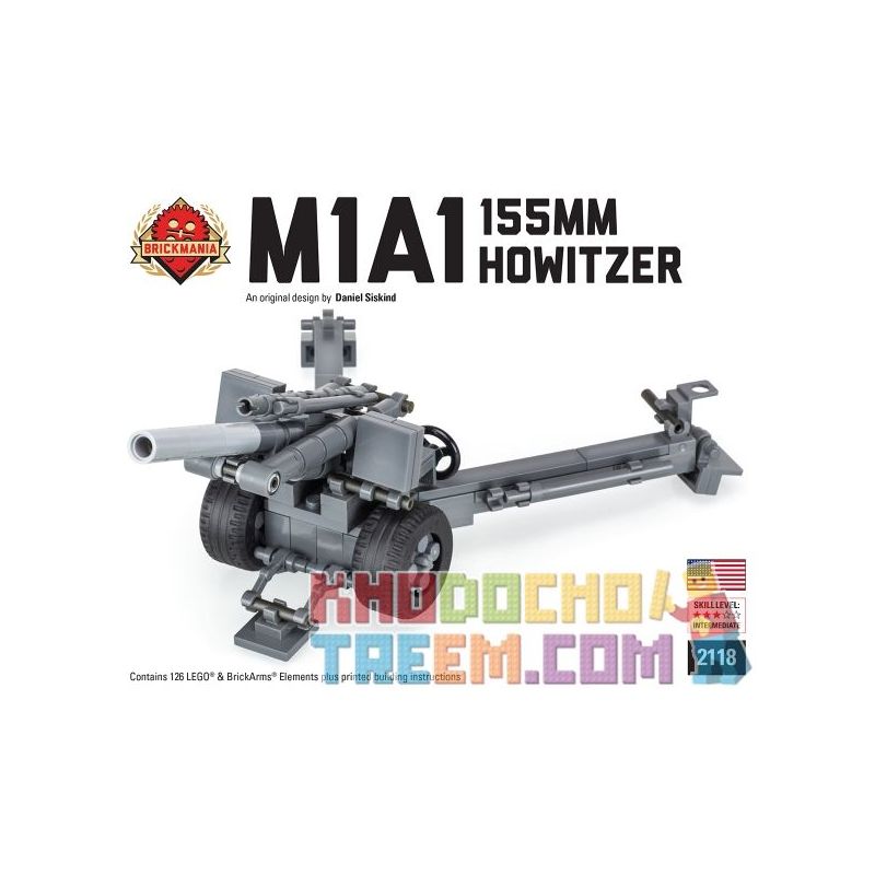 BRICKMANIA 2119 non  LỰU PHÁO 155MM M1A1 bộ đồ chơi xếp lắp ráp ghép mô hình Military Army M1A1 155MM HOWITZER  Quân Sự Bộ Đội 126 khối