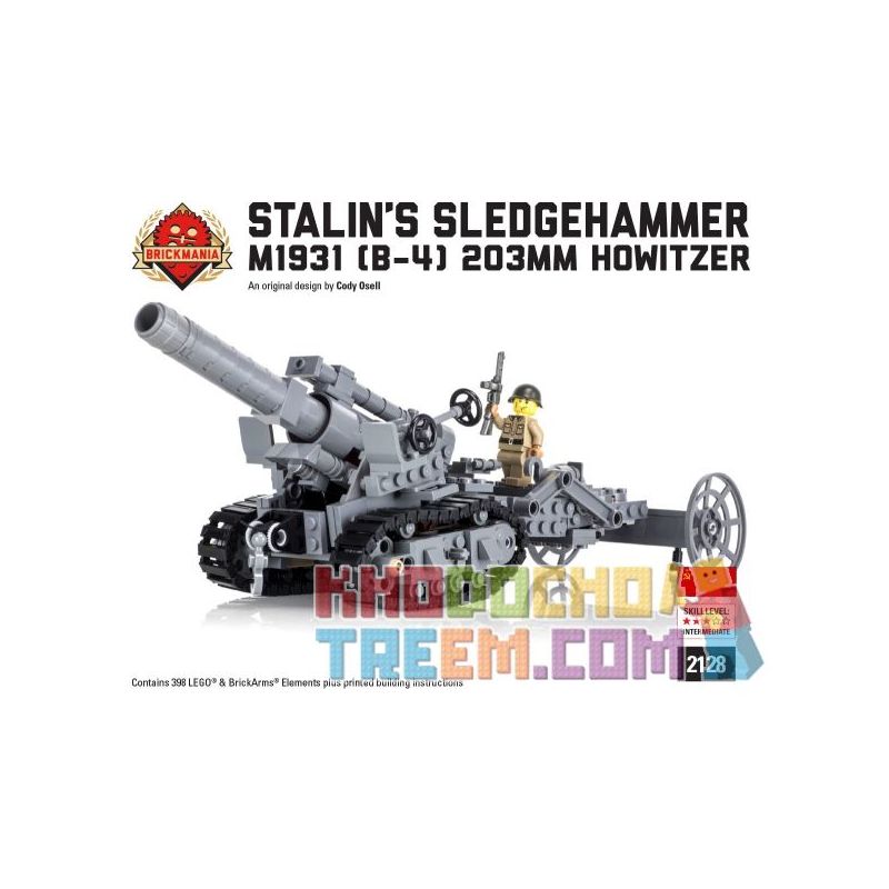BRICKMANIA 2128 non  LỰU PHÁO 203MM "BÚA CỦA STALIN" -M1931 (B-4) bộ đồ chơi xếp lắp ráp ghép mô hình Military Army "STALIN'S SLEDGEHAMMER" - M1931 (B-4) 203MM HOWITZER Quân Sự Bộ Đội 398 khối