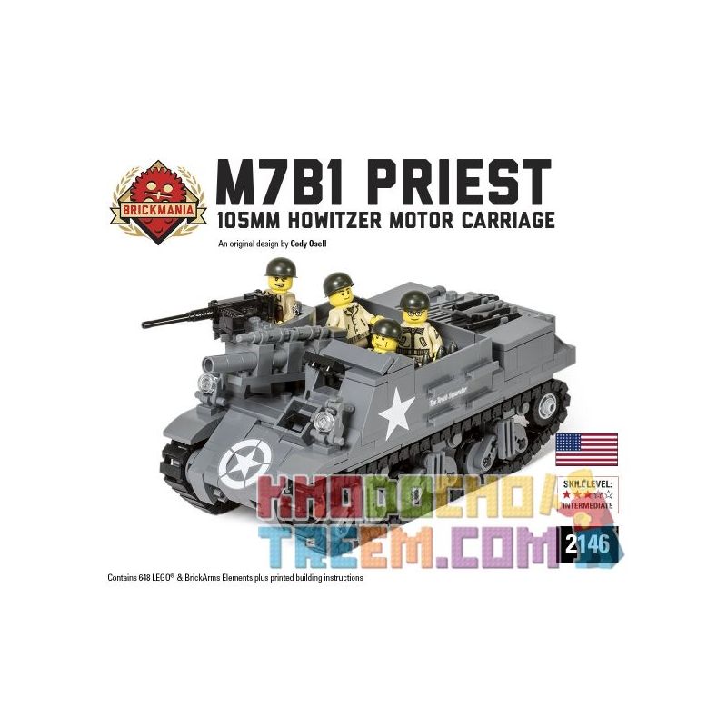 BRICKMANIA 2146 non  XE LỰU PHÁO M7B1-105MM bộ đồ chơi xếp lắp ráp ghép mô hình Military Army M7B1 PRIEST - 105MM HOWITZER MOTOR CARRIAGE Quân Sự Bộ Đội 648 khối