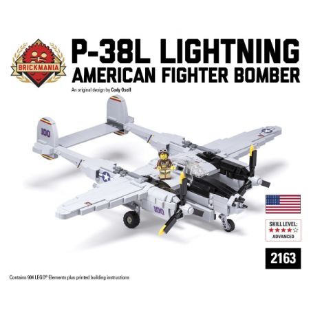BRICKMANIA 2163 non  MÁY BAY CHIẾN ĐẤU TIA CHỚP P-38L bộ đồ chơi xếp lắp ráp ghép mô hình Military Army P-38L LIGHTNING Quân Sự Bộ Đội 904 khối