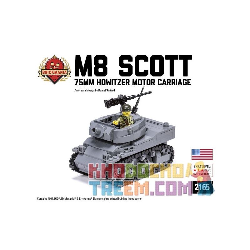 BRICKMANIA 2165 non  XE LỰU PHÁO M8 SCOTT-75MM bộ đồ chơi xếp lắp ráp ghép mô hình Military Army M8 SCOTT - 75MM HOWITZER MOTOR CARRIAGE Quân Sự Bộ Đội 408 khối