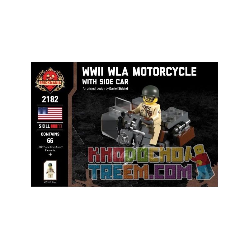 BRICKMANIA 2182 non  XE MÔ TÔ VÀ HẠNG SANG CỦA THẾ CHIẾN II WLA bộ đồ chơi xếp lắp ráp ghép mô hình Military Army WWII WLA MOTORCYCLE WITH SIDE CAR Quân Sự Bộ Đội 66 khối
