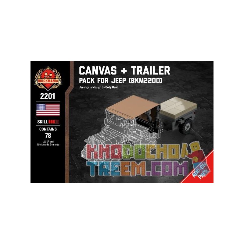 BRICKMANIA 2201 non  GÓI TĂNG CƯỜNG CANVAS + TRAILER-JEEP bộ đồ chơi xếp lắp ráp ghép mô hình Military Army CANVAS + TRAILER - PACK FOR JEEP Quân Sự Bộ Đội 78 khối