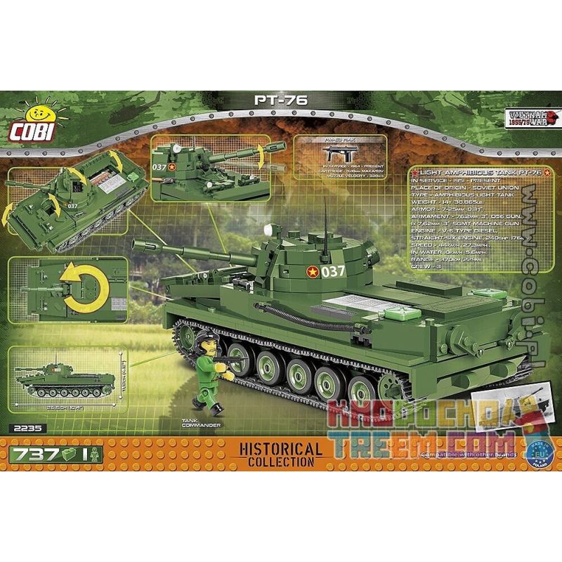 COBI 2235 non  XE TĂNG PT-76 bộ đồ chơi xếp lắp ráp ghép mô hình Military Army Quân Sự Bộ Đội 737 khối