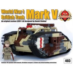 BRICKMANIA 403 non  ĐÁNH DẤU XE TĂNG V bộ đồ chơi xếp lắp ráp ghép mô hình Military Army MARK V Quân Sự Bộ Đội 703 khối