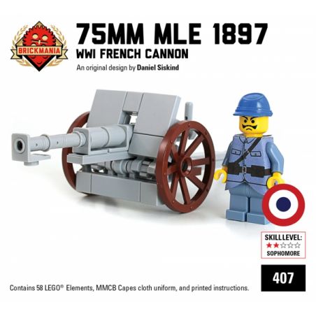 BRICKMANIA 407 non  75MM MLE 1897 "PHÁP 75" bộ đồ chơi xếp lắp ráp ghép mô hình Military Army 75MM MLE 1897 “FRENCH 75” Quân Sự Bộ Đội 58 khối