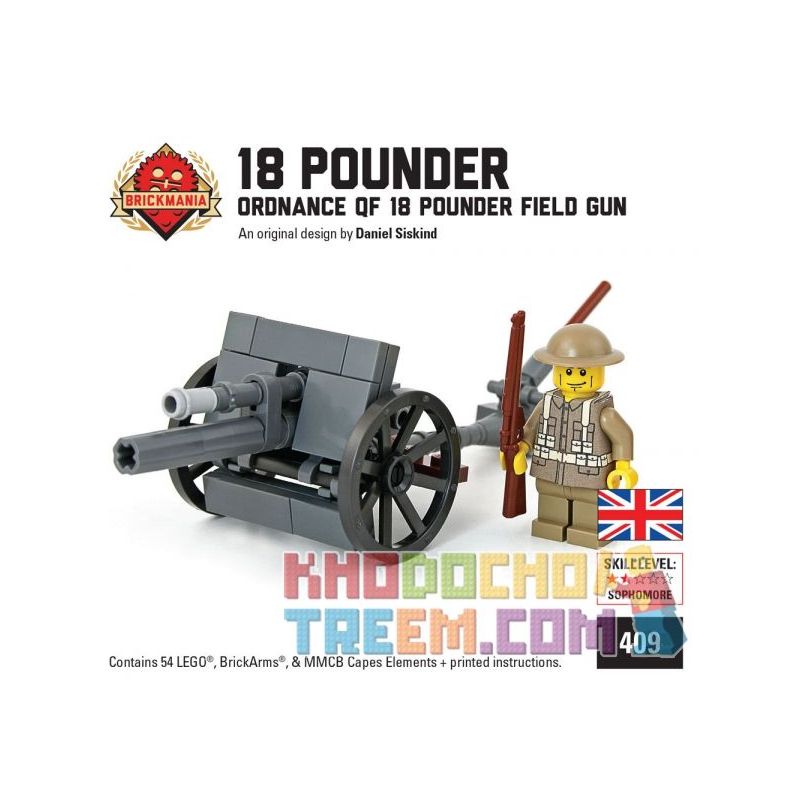 BRICKMANIA 409 non  SÚNG DÃ CHIẾN QF 18 POUNDER CỦA QUÂN ĐỘI ANH bộ đồ chơi xếp lắp ráp ghép mô hình Military Army ORDNANCE QF 18 POUNDER FIELD GUN WITH BRITISH SOLDIER Quân Sự Bộ Đội 59 khối