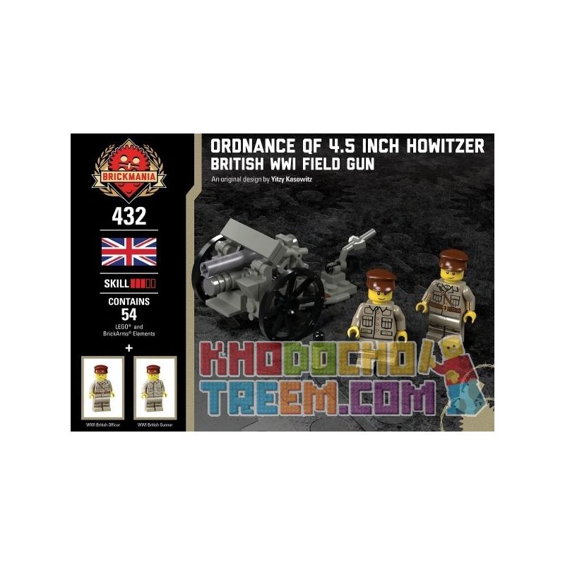 BRICKMANIA 432 non  LỰU PHÁO CỠ NÒNG 4 5 INCH QF bộ đồ chơi xếp lắp ráp ghép mô hình Military Army ORDNANCE QF 4.5 INCH HOWITZER Quân Sự Bộ Đội 54 khối