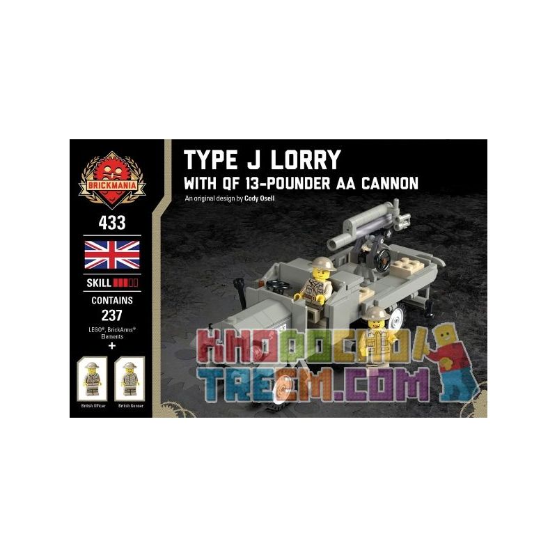 BRICKMANIA 433 non  XE TẢI J VÀ KHẨU PHÁO AA 13 POUND bộ đồ chơi xếp lắp ráp ghép mô hình Military Army TYPE J LORRY - WITH QF 13-POUNDER AA CANNON Quân Sự Bộ Đội 237 khối