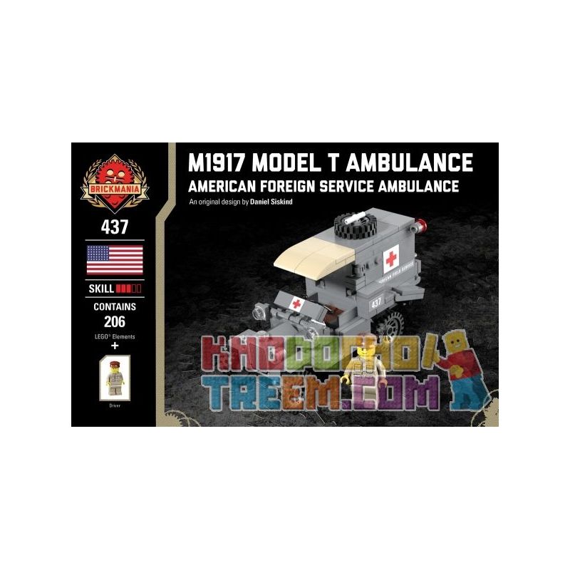 BRICKMANIA 437 non  XE CỨU THƯƠNG M1917 MODEL bộ đồ chơi xếp lắp ráp ghép mô hình Military Army M1917 MODEL T AMBULANCE Quân Sự Bộ Đội 206 khối