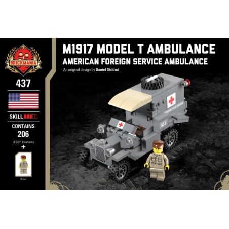 BRICKMANIA 437 non  XE CỨU THƯƠNG M1917 MODEL bộ đồ chơi xếp lắp ráp ghép mô hình Military Army M1917 MODEL T AMBULANCE Quân Sự Bộ Đội 206 khối
