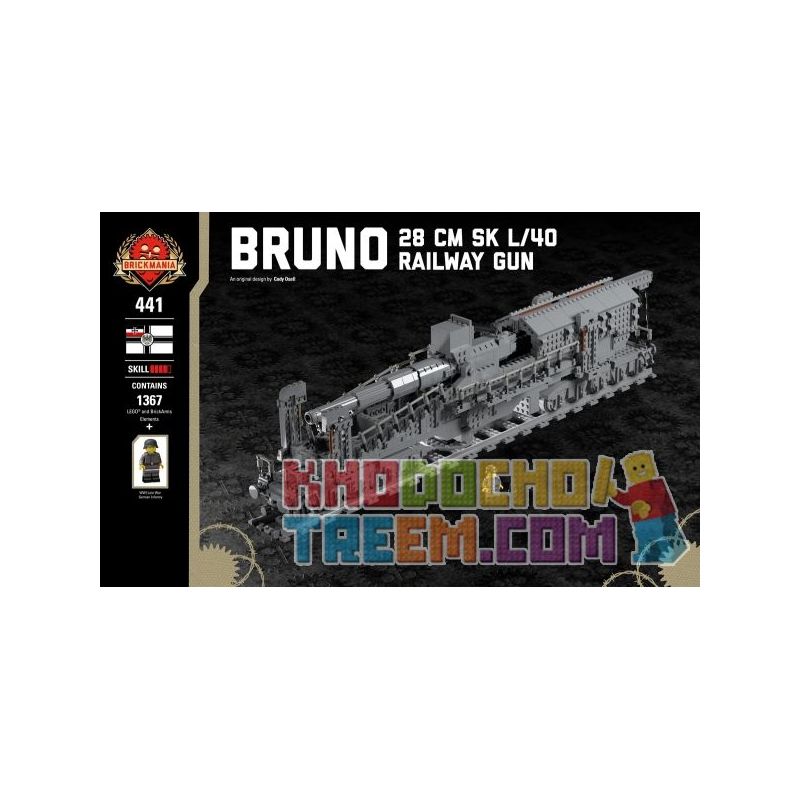 BRICKMANIA 441 non  SÚNG TÀU BRUNO-28 CM SK L 40 bộ đồ chơi xếp lắp ráp ghép mô hình Military Army BRUNO - 28 CM SK L/40 RAILWAY GUN Quân Sự Bộ Đội 1367 khối