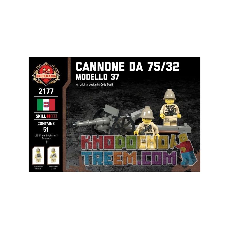 BRICKMANIA 2177 non  PHÁO 75 32 - KIỂU 37 bộ đồ chơi xếp lắp ráp ghép mô hình Military Army CANNONE DA 75/32 - MODELLO 37 Quân Sự Bộ Đội 51 khối