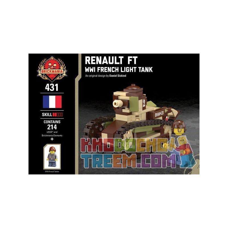 BRICKMANIA 431 non  XE TĂNG HẠNG NHẸ RENAULT FT-PHÁP TRONG THẾ CHIẾN THỨ NHẤT bộ đồ chơi xếp lắp ráp ghép mô hình Military Army RENAULT FT - WWI FRENCH LIGHT TANK Quân Sự Bộ Đội 214 khối