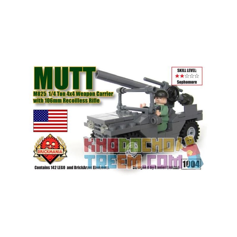 BRICKMANIA 1004 non  M825 MUTT 1 MANG VŨ KHÍ 4 TẤN × VÀ SÚNG KHÔNG GIẬT 106MM bộ đồ chơi xếp lắp ráp ghép mô hình Military Army M825 MUTT 1/4 TON 4×4 WEAPON CARRIER WITH 106MM RECOILLESS RIFLE Quân Sự Bộ Đội 142 khối