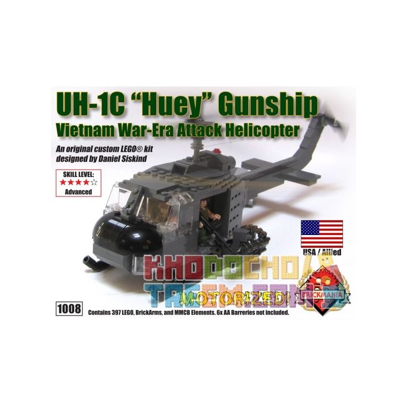 BRICKMANIA 1008 non  UH-1C HOUY WARLIFTER PHIÊN BẢN NÂNG CAO bộ đồ chơi xếp lắp ráp ghép mô hình Military Army UH-1C "HUEY" GUNSHIP PREMIUM EDITION Quân Sự Bộ Đội 397 khối