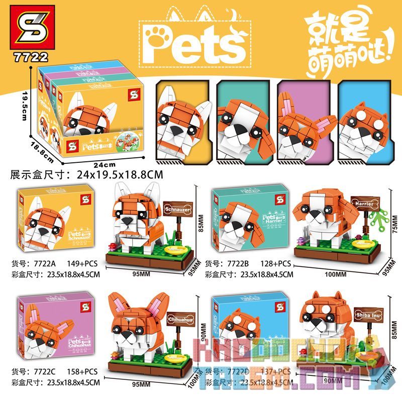 SHENG YUAN SY 7722A 7722B 7722C 7722D non  CHÓ CƯNG 4 LOẠI bộ đồ chơi xếp lắp ráp ghép mô hình Pet PETS Thú Cưng 572 khối