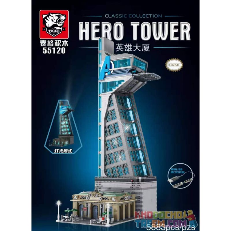 TIGER 55120 non  THÁP AVENGERS ANH HÙNG bộ đồ chơi xếp lắp ráp ghép mô hình Super Heroes AVENGERS TOWER、HERO Siêu Nhân Anh Hùng 5883 khối