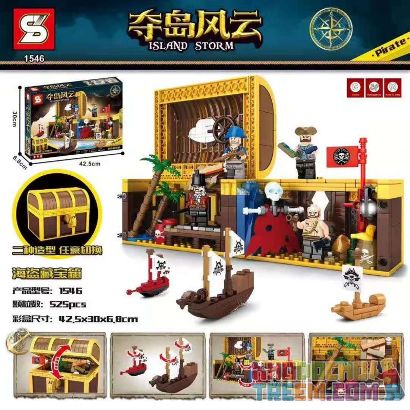 SHENG YUAN SY 1546 non  RƯƠNG KHO BÁU CƯỚP BIỂN bộ đồ chơi xếp lắp ráp ghép mô hình Pirates Of The Caribbean ISLAND STORM Cướp Biển Vùng Caribe 526 khối