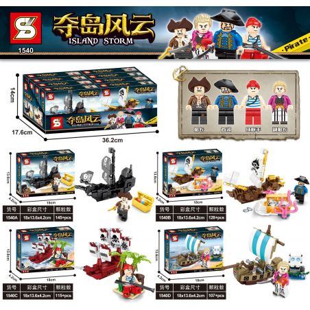 SHENG YUAN SY 1540A 1540B 1540C 1540D non  TÀU CƯỚP BIỂN MINI 4 bộ đồ chơi xếp lắp ráp ghép mô hình Pirates Of The Caribbean ISLAND STORM Cướp Biển Vùng Caribe 495 khối