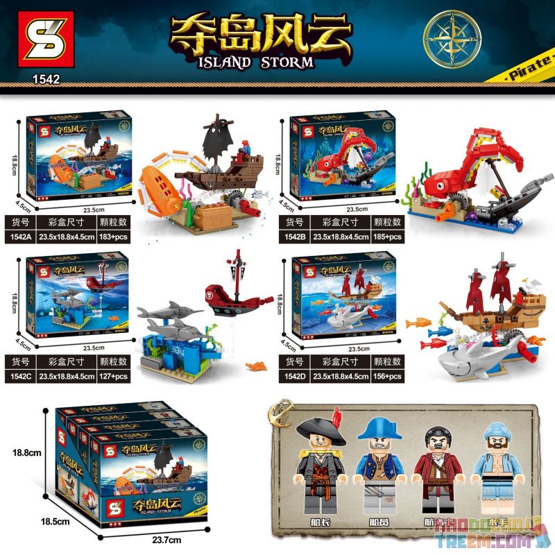 SHENG YUAN SY 1542A 1542B 1542C 1542D non  4 LOẠI TÀU CƯỚP BIỂN ĐỘNG VẬT DƯỚI NƯỚC bộ đồ chơi xếp lắp ráp ghép mô hình Pirates Of The Caribbean ISLAND STORM Cướp Biển Vùng Caribe 651 khối