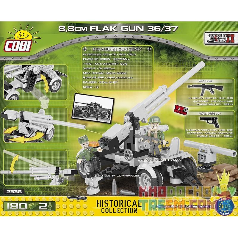 COBI 2338 non  8 CM 36 SÚNG PHÒNG KHÔNG 37 NĂM bộ đồ chơi xếp lắp ráp ghép mô hình Military Army FLAK 36/37 88 MM - ON WHEELS Quân Sự Bộ Đội 180 khối
