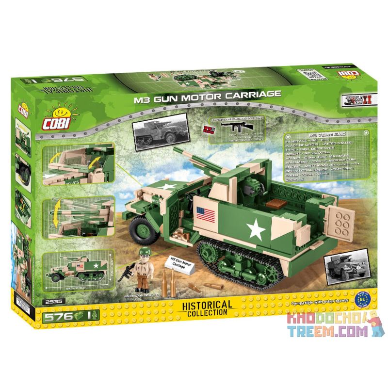 COBI 2535 non  TÀU SÂN BAY PHÁO BINH M3 bộ đồ chơi xếp lắp ráp ghép mô hình Military Army M3 GUN MOTOR CARRIAGE Quân Sự Bộ Đội 576 khối