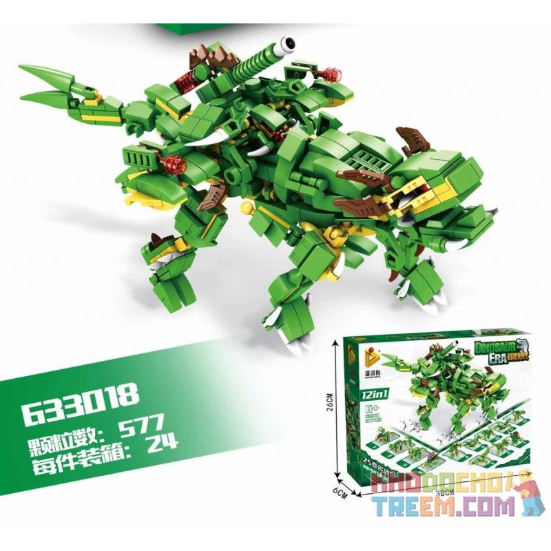 PanlosBrick 633018 Panlos Brick 633018 non  AGE OF DINOSAURS 12IN1 25 THAY ĐỔI bộ đồ chơi xếp lắp ráp ghép mô hình DINOSAUR ERA Khủng Long 577 khối