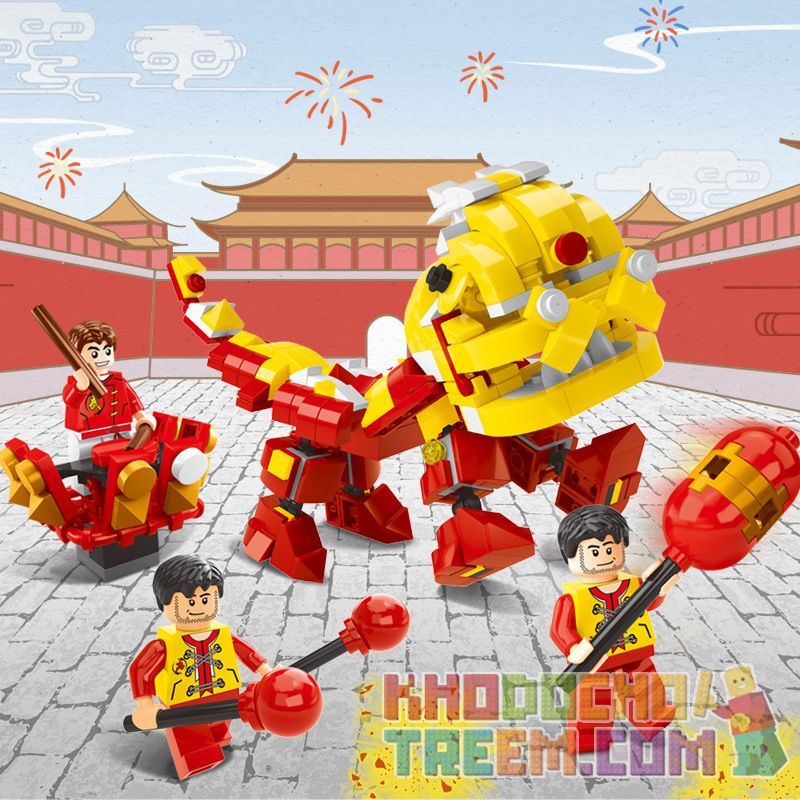 QIZHILE 660012 non  MÚA SƯ TỬ bộ đồ chơi xếp lắp ráp ghép mô hình Seasonal HUAXIA STYLE Mùa Lễ Hội 446 khối