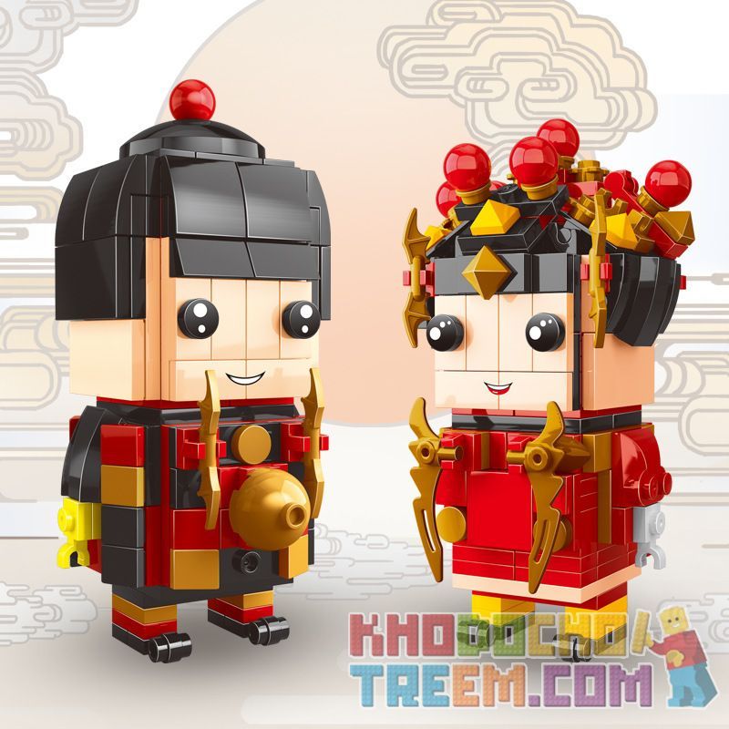 QIZHILE 60010 non  CHÀNG TRAI VÀNG CÔ GÁI NGỌC bộ đồ chơi xếp lắp ráp ghép mô hình Seasonal HUAXIA STYLE Mùa Lễ Hội 440 khối