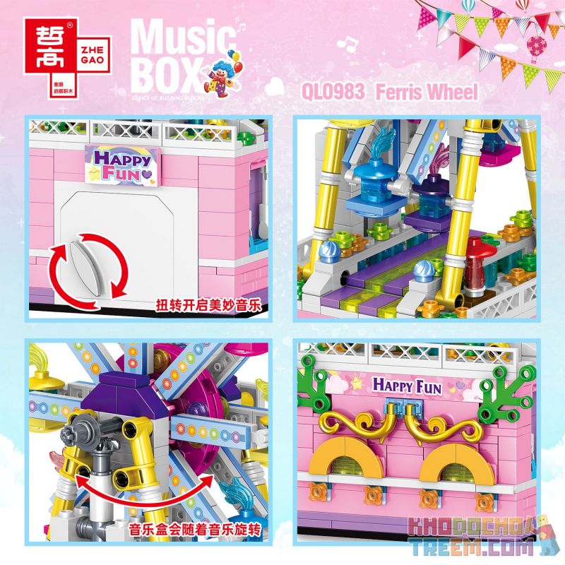 ZHEGAO QL0983 0983 non  ĐU QUAY bộ đồ chơi xếp lắp ráp ghép mô hình Seasonal MUSIC BOX FERRIS WHEEL Mùa Lễ Hội 529 khối