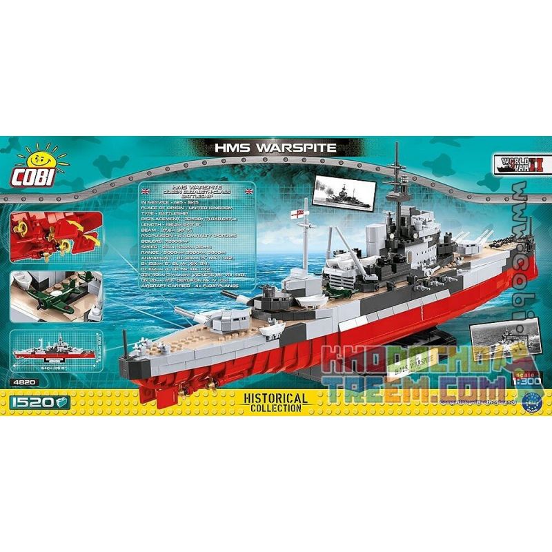 COBI 4820 non  CHIẾN HẠM KIỆT QUỆ bộ đồ chơi xếp lắp ráp ghép mô hình Military Army HMS WARSPITE Quân Sự Bộ Đội 1520 khối