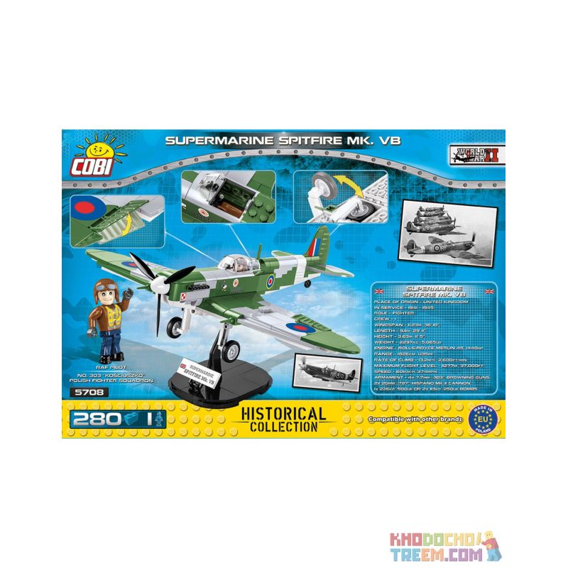 COBI 5708 non  SUPER MARLIN SPITFIRE MK.VB bộ đồ chơi xếp lắp ráp ghép mô hình Military Army SUPERMARINE SPITFIRE MK.VB Quân Sự Bộ Đội 280 khối