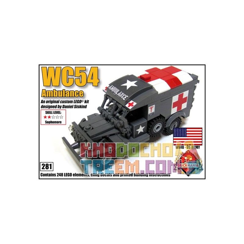 BRICKMANIA 281 non  XE CỨU THƯƠNG WC54 bộ đồ chơi xếp lắp ráp ghép mô hình Military Army WC54 AMBULANCE Quân Sự Bộ Đội 248 khối