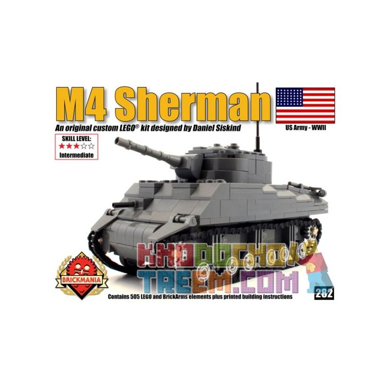 BRICKMANIA 282 non  XE TĂNG M4 SHERMAN bộ đồ chơi xếp lắp ráp ghép mô hình Military Army Quân Sự Bộ Đội 505 khối