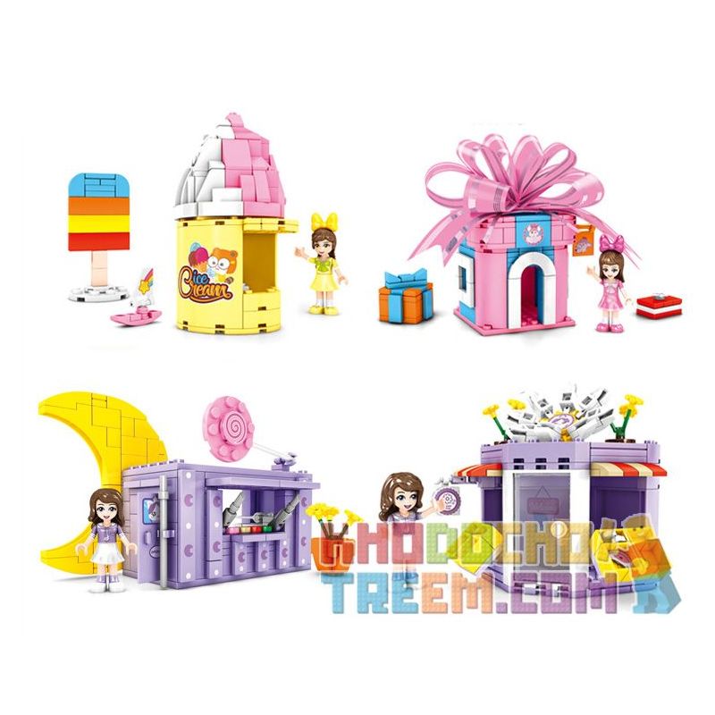 SEMBO 604008 604009 604010 604011 non  4 LOẠI CỬA HÀNG KEM HOA QUÀ TẶNG BÁNH KẸO bộ đồ chơi xếp lắp ráp ghép mô hình  Các Bạn Gái 695 khối